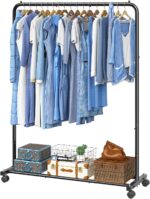 Simple Trending Standard Clothes Clothing Garment Rack with Storage Shelves, Rolling Clothes Organizer on Wheels for Hanging Clothes, Black