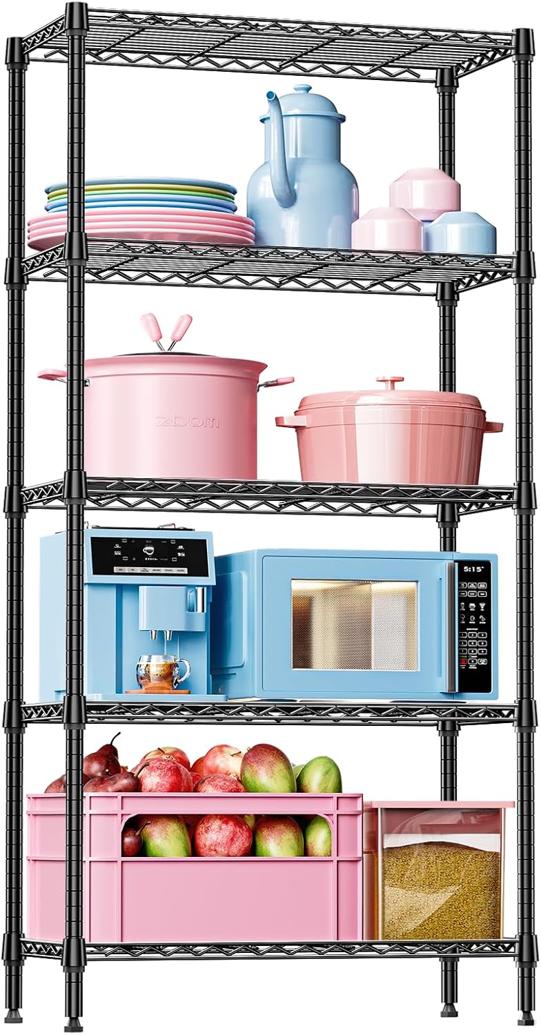 71xnrpCDyHL._AC_SL1500_.jpg IZEUK 5 Tier Black Metal Storage Shelves, Heavy Duty Adjustable Wire Shelving Rack for Garage, Kitchen, Bathroom, Closet Organizer, 1250 lbs Capacity, 15.7" D x 33.5" W x 68.5" H - Image 1