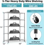 MZG 5-Tier Adjustable Heavy-Duty Metal Wire Storage Shelving Unit with Wheels (Chrome, 45 × 120 × 180 cm) for Garage, Warehouse, Supermarket, Balcony and Garden - Image 3