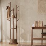 Solid Wood Rotary Coat Rack, Freestanding Coat Rack with 3 Shelves and 9 Hooks, Coat tree for Bedroom Entryway Livingroom Coat Hanger Stand for Coats Scarves, Handbags (Walnut) - Image 7