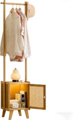 Clothes Rack with Storage Cabinet Clothing Hanging Rail, Open Wardrobe Coat Stands Free Standing Garment Rack for Bedroom, Living Room, Hallway, Bamboo Clothes Rack