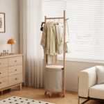 CycleCrew Solid Wood Coat Rack with Fabric Basket - Coat Hanger Stand Coat Tree Rack Freestanding with 9 Hooks Wheels, Small Clothes Rack For Entryway Bedroom Hallway Living Room - Image 9