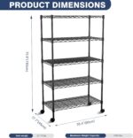5-Tier Heavy Duty Wire Shelving Unit,35" Dx18 Wx 71" H,Shelf Racks On Lockable Wheels,Height Adjustable Metal Shelves,Shelving Unit and Storage for Bathroom,Kitchen,Garage,Office,Studio,Black - Image 2