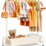MISSLO Kids Clothing Rack with Basket Small Dress Up Storage Short Toddler Dress Up Rack Kids Closet for Baby Clothes, White