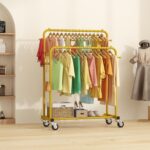 Laiensia Double Rods Garment Rack with Wheels, Clothing Rack for Hanging Clothes,4 Hooks, Multi-Functional Bedroom Clothes Rack, Gold - Image 9