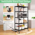 5 Tier Adjustable Storage Shelves, Heavy Duty Metal Storage Rack with Wheels, Shelving Units Utility Shelf for Kitchen, Pantry, Bathroom, Garage, Office Organization and Storage, Black, 13"x24"x59.7" - Image 5