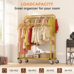 Laiensia Double Rods Garment Rack with Wheels, Clothing Rack for Hanging Clothes,4 Hooks, Multi-Functional Bedroom Clothes Rack, Gold - Image 2