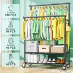 Rolling Clothes Rack with Doule Rod for Hanging, Heavy Duty Metal Garment Rack Load 350 LBS with Lockable Wheel, Free Standng Clothing Rack with 2 Shelves and Side Hooks for Home Commercial, Black - Image 2