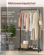 Sakugi Clothes Rack with Wheel & Storage Mesh Shelf, Garment Rack for Hanging Clothes, Coats, Dresses & Shoes, Easy Assembly, Black, 150 × 73 × 37.5 cm - Image 6