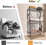 Whitmor 3 Tier Rolling Garment Rack, Heavy Duty Adjustable Metal Clothing Rack with Side Hooks, Double Rods & 360° Lockable Wheels, Max 600LBS for Hanging Clothes, 43" L x 18" W x 80" H, Black - Image 6