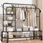 Double-Rail Clothes Rack, Multifunctional Heavy-duty Garment Rack with Wheels, Hanger with Side Hooks, Easy to Assemble, for Home Office Bedroom (black-130)