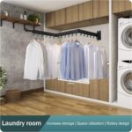 LIENAHU Wall Mounted Clothes Drying Rack, Folding Laundry Hanger, Retractable and Collapsible Clothing Rack (Black, With Hooks) - Image 5