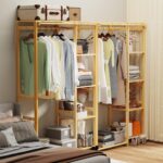 Bamboo Garment Clothing Rack, Coat Hanging Rack with Storage Shelves Open Wardrobe Coat Stand Clothes Shoes Organizer with Back Cover for Entryway Living Room - Image 8