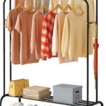 Double-Rail Metal Clothes Rack with Lower Storage Shelf | Heavy-Duty Freestanding Garment Organizer | Multifunctional Clothing Hanging Rack for Bedroom, Laundry Room & Entryway (Black)