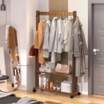 medla Wooden Clothes Hanger Rail: Heavy Duty Clothes Rail stand Bamboo Clothing Rack Wheels Clothes Rail Stand with Wheels Coat Rack on Wheels with 2 Tier Shelves for Bedroom, Living Room - Image 2