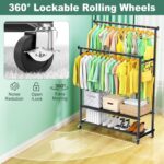 Rolling Clothes Rack with Doule Rod for Hanging, Heavy Duty Metal Garment Rack Load 350 LBS with Lockable Wheel, Free Standng Clothing Rack with 2 Shelves and Side Hooks for Home Commercial, Black - Image 6
