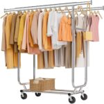 Tajsoon Double Rod Heavy Duty Clothes Rack 480 LBS, Rolling Clothing Rack for Hanging Clothes, Collapsible Clothes Rack with Wheels, Commercial Portable Garment Racks with Shelf, Chrome