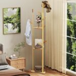 medla Bamboo Clothes Hanger Stand: Freestanding Cloth Rail Wooden Clothes Rack with 3 Tier shelves and 10 Hooks Entry Hall Tree Multifunctional Coat Stand for Bedroom Hallway - Image 4