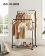 SONGMICS Double Rods Clothes Rack with Wheels, Clothing Rack for Hanging Clothes, Heavy Duty Garment Rack with Mesh Storage Shelf, 2 Brakes, Each Top Rail Holds up to 77 lb, Black UHSR26BKV1 - Image 2