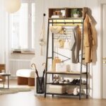 Bestier Clothes Rack with Shoe Bench and LED Light, 4-in-1 Clothes Hanger Stand with Storage Cubes, Industrial Clothing Rack with Hooks & Grid Board for Entryway Bedroom Hallway, Pinewood - Image 6