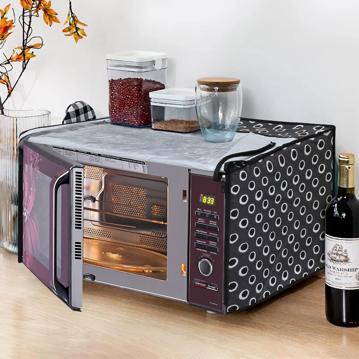 81CimFq2kyL._AC_SL1500_.jpg Glassiano Black Polka dot Printed Microwave Oven Cover for Samsung 32 Litre Convection Microwave Oven CE117PC-B2/XTL Black - Image 1