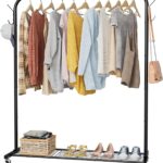 Clothes Rail, Portable Clothes Rack with Hook and Metal Storage Shelf, Heavy Duty Clothes Rail on Wheels, Clothing Rail Clothes Rails for Bedroom, Hanging Rails for Clothes, Holds up to 40 kg, Black