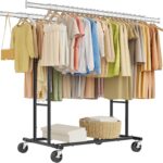 Tajsoon Double Rod Clothes Rack Load 480 LBS, Heavy Duty Rolling Garment Rack with Wheels, Collapsible Clothing Rack for Hanging Clothes, Commercial Adjustable Clothes Rack with Shelf, Black