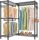 VIPEK L4 Garment Rack L Shaped Clothes Rack for Corner, Freestanding Portable Wardrobe Closet Heavy Duty Clothing Rack with 3 Hanging Rods & 2 Side Hooks, 43.3"Lx29.1"Wx76.4"H, Max Load 750LBS, Black