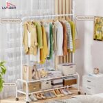 Lukzer Multipurpose Exquisite Single Pole Metal Garment Rack with 2 Bottom and Wheels Shelf Movable Clothing Stand Cloth Storage Organizer (White/34X120X173cm) - Image 3