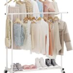 Calmootey Double Rod Clothing Garment Rack,Rolling Hanging Clothes Rack,Portable Clothes Organizer for Bedroom,Living Room,Clothing Store,White