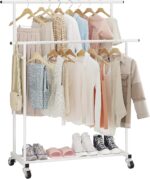 Calmootey Double Rod Clothing Garment Rack,Rolling Hanging Clothes Rack,Portable Clothes Organizer for Bedroom,Living Room,Clothing Store,White