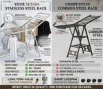 Stainless Steel Clothes Drying Rack (180cm/71") - Heavy Duty Foldable 3-Tier Laundry Stand with Hidden Wheels, Space-Saving Airer with Shoe Rack, Silver (منشر ملابس كبير وقوي) - Image 2