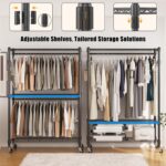 BATHWA Heavy Duty Rolling Garment Racks, 25mm Metal Pipe, 47.3" W x 17.7" D x 80.7" H Large Tall Portable Wardrobe Closet with 2 Rods, Wide Adjustable Shelves and Hangers, Clothing Hanging Storage - Image 6