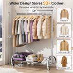 MISSLO Heavy Duty Clothing Rack with Wheels Rolling Clothes Racks for Hanging Clothes, Coats, Garment, Dress, Silver - Image 3