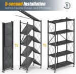 Fenbeli 5 Tier Storage Shelf with Wheels - Metal Collapsible Shelving Unit Display, Heavy Duty Folding Shelves, No Assembly Organizer Rack for Garage Kitchen, Basement, Pantry (Black, 5 Tier) - Image 8