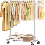 Tajsoon Clothing Rack Heavy Duty Clothes Rack Load 350 LBS, Rolling Clothes Racks for Hanging Clothes with Wheels & Extendable Rod, Collapsible Garment Rack with Bottom Shelf, Commercial, Chrome