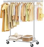 Tajsoon Clothing Rack Heavy Duty Clothes Rack Load 350 LBS, Rolling Clothes Racks for Hanging Clothes with Wheels & Extendable Rod, Collapsible Garment Rack with Bottom Shelf, Commercial, Chrome