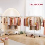 Tajsoon Double Rod Heavy Duty Clothes Rack 480 LBS, Rolling Clothing Rack for Hanging Clothes, Collapsible Clothes Rack with Wheels, Commercial Portable Garment Racks with Shelf, Chrome - Image 5