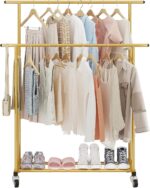 Calmootey Double Rod Clothing Garment Rack,Rolling Hanging Clothes Rack,Portable Clothes Organizer for Bedroom,Living Room,Clothing Store,Gold - Image 2