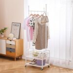 BOOSDEN Double Deck Clothes Rack with Wheels, Heavy Duty Metal Garment Racks, Rolling Clothing Rack with Storage Basket, Clothes Hanger Racks for Hanging Coats, Shirts, Dress, Shoes, Bags (White)