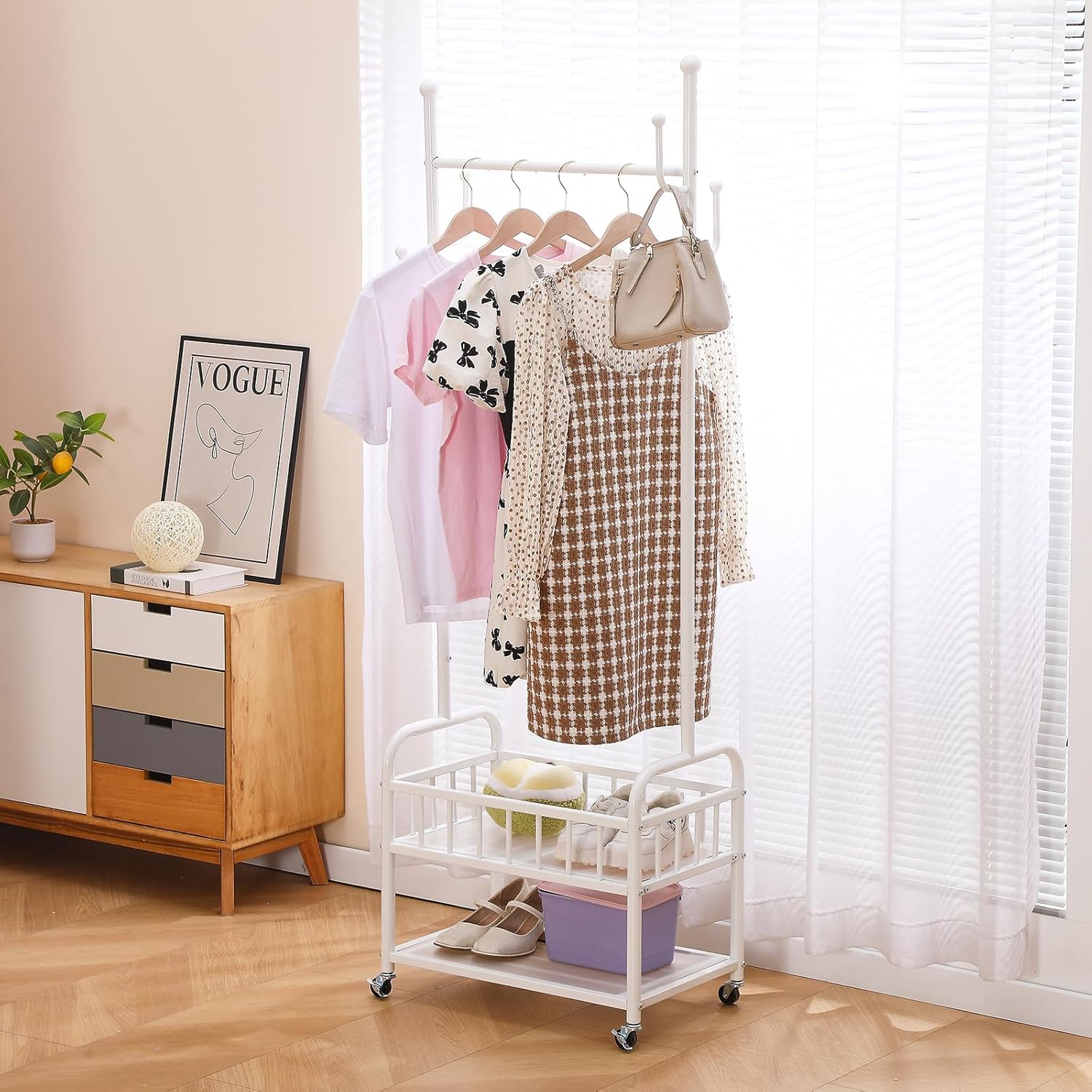 81JsC5gUgAL._AC_SL1500_.jpg BOOSDEN Double Deck Clothes Rack with Wheels, Heavy Duty Metal Garment Racks, Rolling Clothing Rack with Storage Basket, Clothes Hanger Racks for Hanging Coats, Shirts, Dress, Shoes, Bags (White) - Image 1
