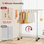 Tajsoon Clothing Rack Heavy Duty Clothes Rack Load 350 LBS, Rolling Clothes Racks for Hanging Clothes with Wheels & Extendable Rod, Collapsible Garment Rack with Bottom Shelf, Commercial, Chrome - Image 6