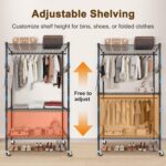 Whitmor 3 Tier Rolling Garment Rack, Heavy Duty Adjustable Metal Clothing Rack with Side Hooks, Double Rods & 360° Lockable Wheels, Max 600LBS for Hanging Clothes, 43" L x 18" W x 80" H, Black - Image 3