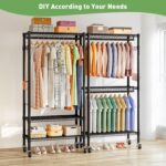 Wire Garment Rack, Heavy Duty Rolling Clothes Rack for Hanging Clothes, 3 Tiers Adjustable Metal Clothing Rack with Storage Shelves and Lockable Wheels (Black, 81 x 41 x 210 cm) - Image 2