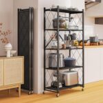 Fenbeli 5 Tier Storage Shelf with Wheels - Metal Collapsible Shelving Unit Display, Heavy Duty Folding Shelves, No Assembly Organizer Rack for Garage Kitchen, Basement, Pantry (Black, 5 Tier) - Image 2