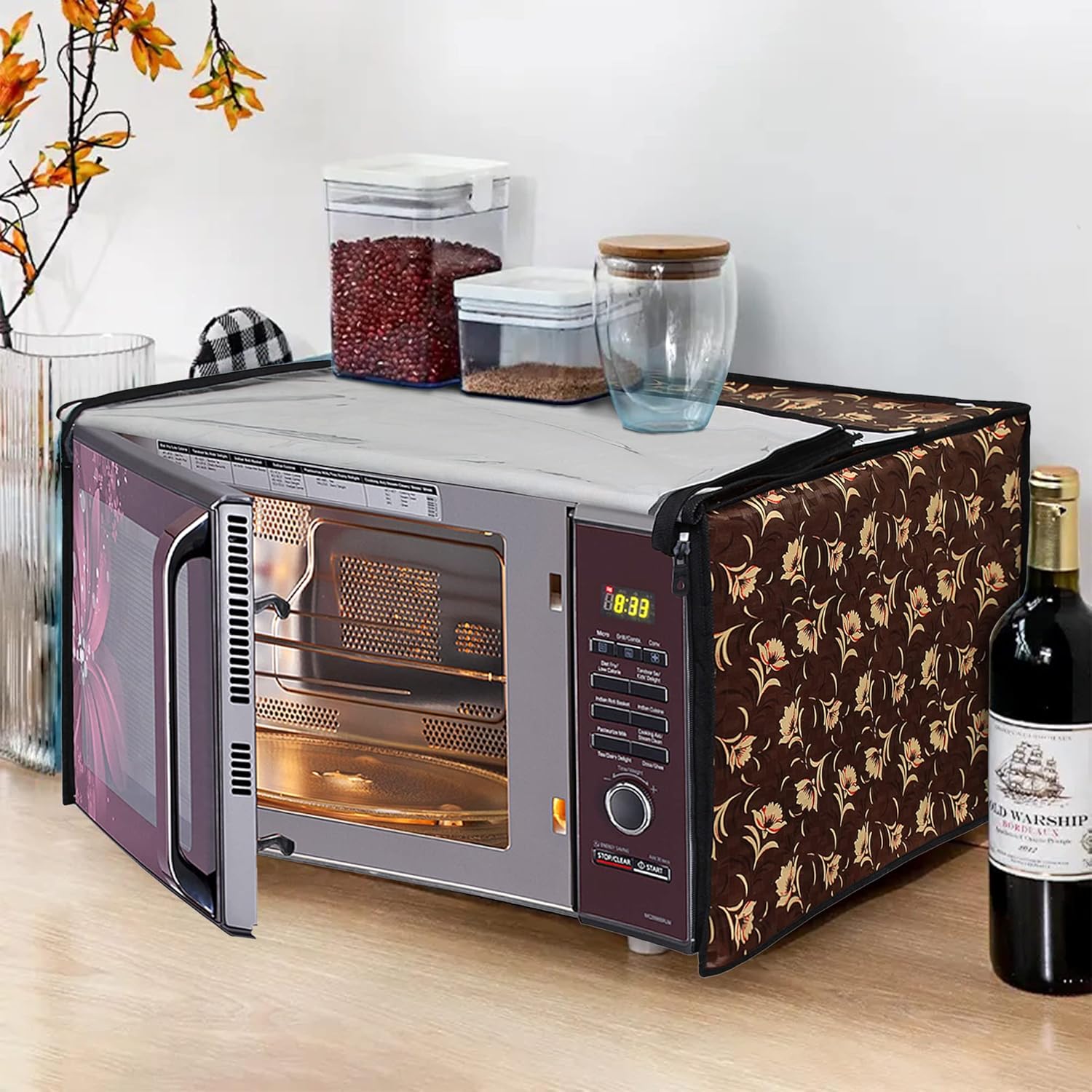 81OUP3YXPWL._AC_SL1500_.jpg Glassiano Floral Brown Printed Microwave Oven Cover for Samsung 28 Litre Convection Microwave Oven MC28H5025VB/TL, Black - Image 1