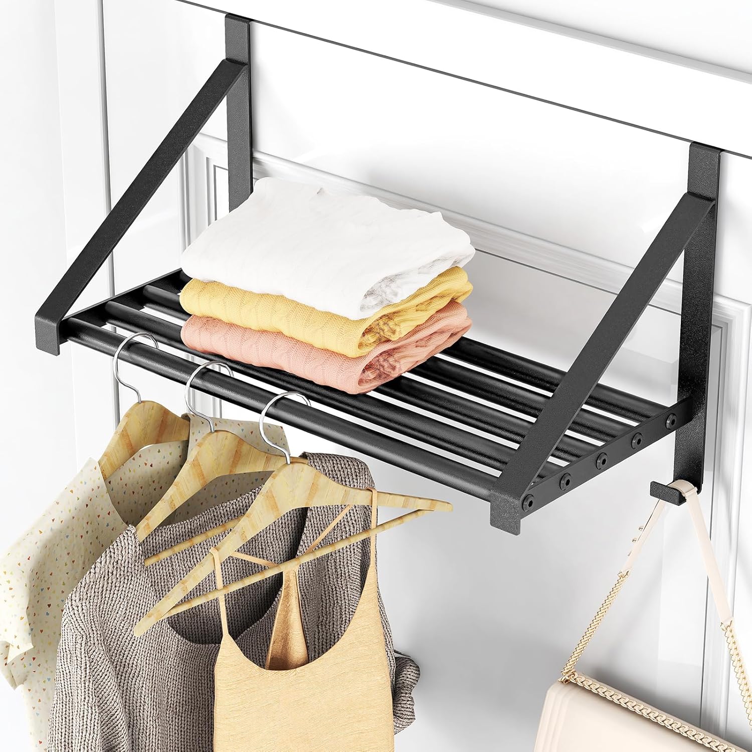 81QF4k7wsJL._AC_SL1500_.jpg Over The Door Clothes Hanger with 2 Hooks, Stainless Steel Over The Door Hangers for Clothes with Storage Rack, Clothing Hanger Drying Racks for Laundry, Washroom, Fits Door Up to 1.77", Matte Black - Image 1
