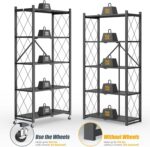 Fenbeli 5 Tier Storage Shelf with Wheels - Metal Collapsible Shelving Unit Display, Heavy Duty Folding Shelves, No Assembly Organizer Rack for Garage Kitchen, Basement, Pantry (Black, 5 Tier) - Image 7