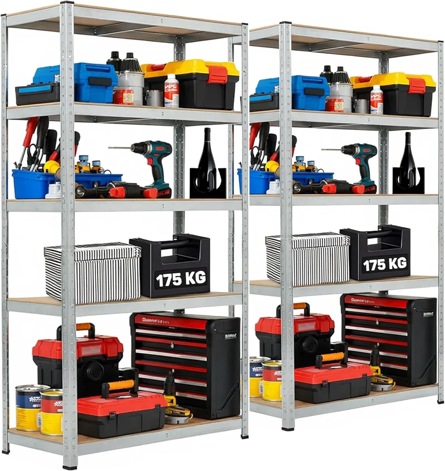 81TEaXfetkL._AC_SL1500_.jpg 2 Pack Garage Shelving Units 5-Tier Storage Shelves, 175kg Per Shelf, 5mm MDF Boards, Shed Storage Racking Shelf Adjustable Metal BOLTLESS Design for Living Room,Office(Silver,70x30x150cm) - Image 1