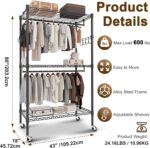 Whitmor 3 Tier Rolling Garment Rack, Heavy Duty Adjustable Metal Clothing Rack with Side Hooks, Double Rods & 360° Lockable Wheels, Max 600LBS for Hanging Clothes, 43" L x 18" W x 80" H, Black - Image 2